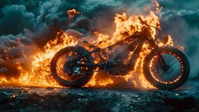 E-Bike Blaze: A Cautionary Tale of Battery Safety. Concept E-Bike Safety, Battery Management, Electric Bike Accessories, Preventing Accidents, Environmental Impact