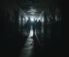 Hospital Ambiance: Corridor with Stretcher and Wheelchair, Silhouettes of Teenagers with Flashlights in Darkness