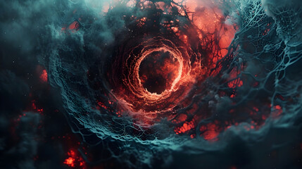 Tumultuous Cosmic Vortex:A Swirling Abyss of Fiery Energy and Ethereal Dimension - obrazy, fototapety, plakaty