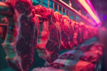 Fototapeta na wymiar close up of raw beef steaks hanging on conveyor belt factory line. meat hanging in storage