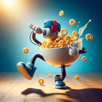 A bowl of cereal coming to life and breakdancing to the beat of a catchy tune