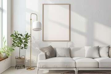 Scandinavian style living room with poster mockup created with generative ai