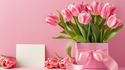Celebrate Valentine s Day Women s Day and Mother s Day with a lovely bouquet of tulips paired with a charming pink gift box and a blank greeting card all beautifully complemented by a festi