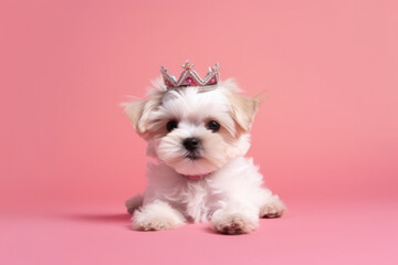 White maltese dog wearing silver crown with rubies on her head, laying in center of pink solid background. Royal breed, queen dog. Fashion beauty for pets.