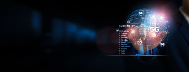 Hand touching 5G global network connection and igniting high-speed data transmission, revolutionizing technological infrastructure. Innovation networking on a dark background.