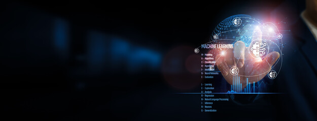 Hand touching global network connection and infusing MACHINE LEARNING prowess, technology evolving its intricate structure. Innovation networking on a dark background.