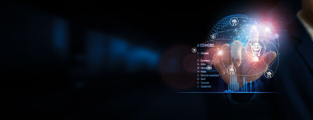 Hand touching global network connection and representing the power of E-COMMERCE, technology...