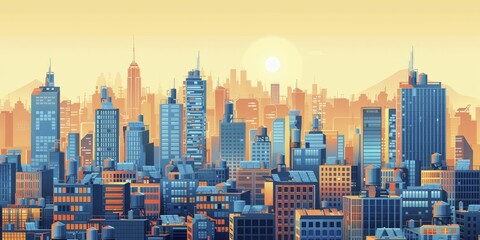 The illustration captures a futuristic cityscape where solar tiles blanket every rooftop, portraying a sustainable urban setting in flat design style.