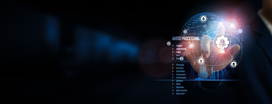 Hand touching global network connection and processing data through audio signals, technology shaping the auditory structure. Innovation in networking on a dark background. - Powered by Adobe