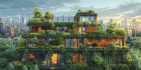 Illustrating self-sustaining urban buildings with rooftop gardens and solar tiles in a flat design style. - obrazy, fototapety, plakaty