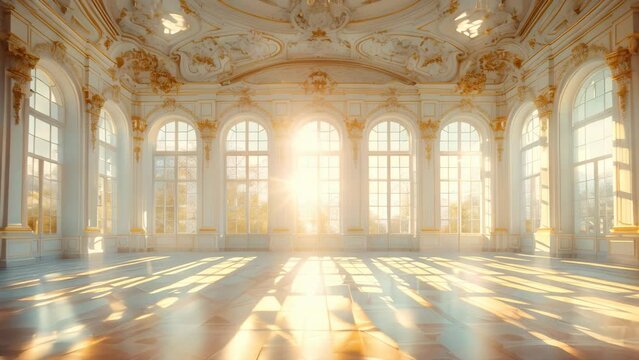 Sunlit Baroque Hall Elegance. Concept Indoor Photoshoot, Natural Light Photography, Elegant Architecture