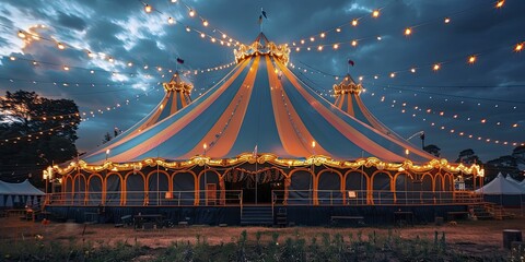 Solar panels on circus tents, renewable energy powering entertainment venues, flat design illustration style.