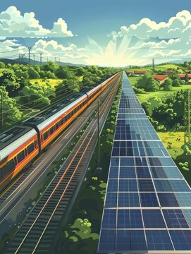 A picturesque scene unfolds as trains glide past solar panels along rural railway tracks, set against a renewable energy backdrop in a flat design style.