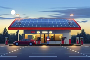 Solar panels on the canopies of gas stations, transitioning traditional fuel stops into hybrid energy stations, flat design illustration style. - obrazy, fototapety, plakaty