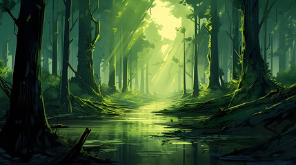 swamp forest illustration - obrazy, fototapety, plakaty