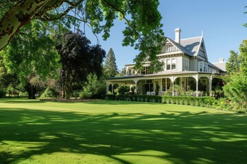 Obraz premium An elegant Victorian estate with sprawling lawns and formal rose gardens, where afternoon tea is served on fine china beneath the shade of ancient oak trees, Generative AI
