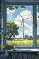 Wind turbines visible from classroom windows, educational institutions promoting renewable energy awareness, flat design illustration style.