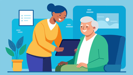A senior tech mentor assists an older adult in setting up a virtual doctors appointment on their tablet providing them with stepbystep guidance