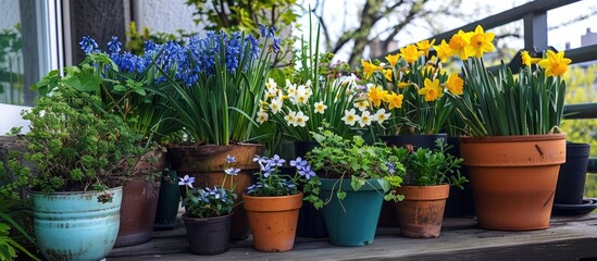 Daffodils, hyacinths, daisies, and forget-me-nots are grown on the balcony.