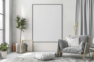 Scandinavian style living room with poster mockup created with generative ai