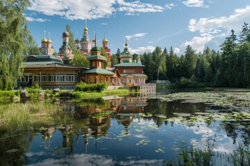 An opulent Russian dacha nestled beside a tranquil lake, with colorful onion-domed churches in the distance and lush forests teeming with wildlife, Generative AI