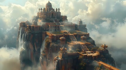 Suspended mountain temple scene poster background