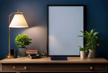 office plant stationery living picture books decor shelf interior white poster blue wall dark business blank Creative modern supplies frame day copy objects bright background desk mock minima