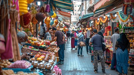 Obraz premium Vibrant Street Market During Eid al Adha with Bustling Crowds and Colorful Stalls of Traditional Sweets and