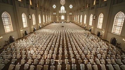 Panoramic Interior of Mosque During Eid al Adha Prayers with Rows of Faithful in White Attire