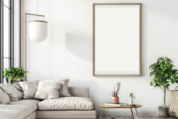 Scandinavian style living room with poster mockup created with generative ai