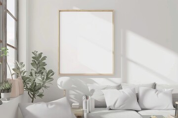 Scandinavian style living room with poster mockup created with generative ai