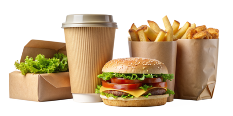 Collection and delivery food background with fast food items. Fast food concept with burgers, fries, and drinks.