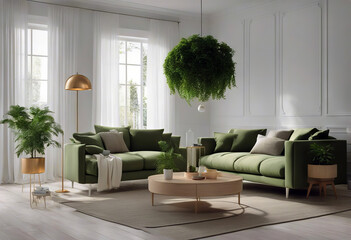Fototapeta premium fabric sofa rendering background vase plaid plant white pillows style wall livingroom green Scandinavian 3d lamp living room interior couch cosy cushion pillow design empty