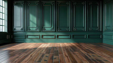 3d rendering of large empty room with a dark green wall and wooden floor, wall paneling and trim in a classic interior design style. empty home interior wall mock-up