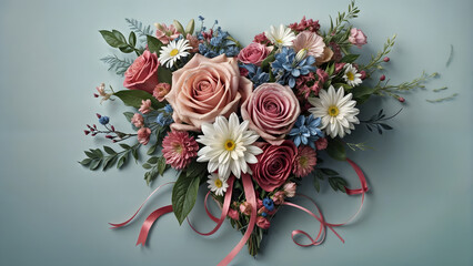 A bouquet of flowers arranged in the shape of a heart, with pink and blue colors.