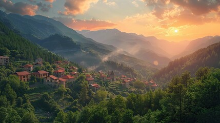 a village of green forests at the foot of a mountain where the sunset sets. copy space for text. - obrazy, fototapety, plakaty