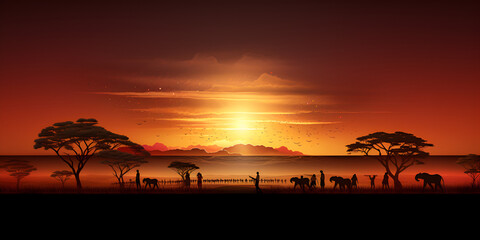 African savanna animals at sunset silhouettes of wild animals of the african savannah with evening...