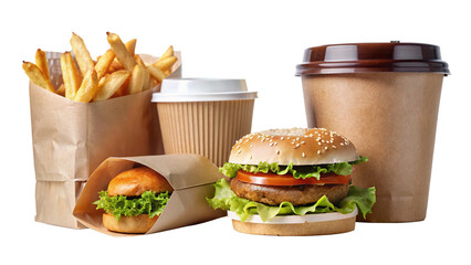 Collection and delivery food background with fast food items. Fast food concept with burgers, fries, and drinks.