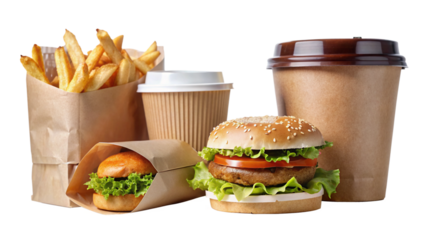 Collection and delivery food background with fast food items. Fast food concept with burgers, fries, and drinks.