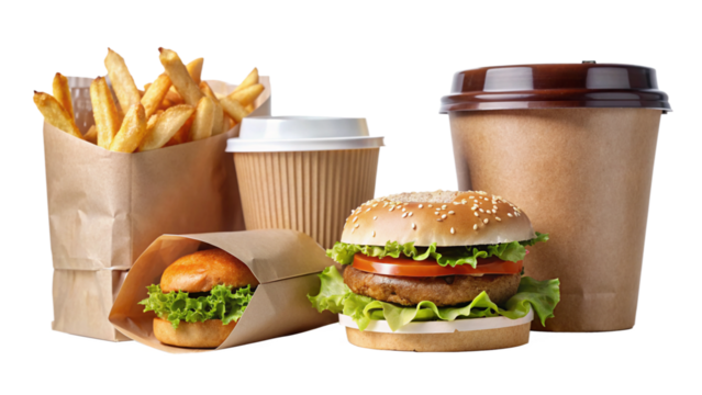 Collection and delivery food background with fast food items. Fast food concept with burgers, fries, and drinks.