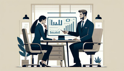 A man and a woman are sitting at a desk with a computer monitor in front of them. The scene is set in an office