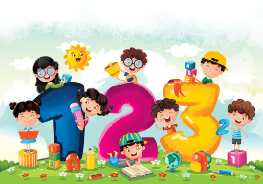 children playing with numbers maths title hand drawn illustration