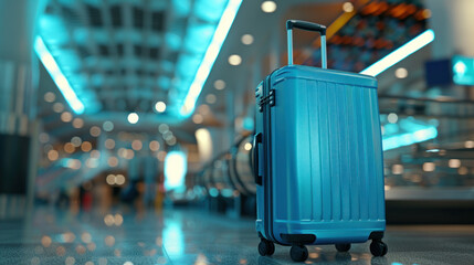 blue suitcase or luggage at airport terminal with bokeh background, travel concept. close up of blue plastic suitcase standing alone in modern airport hall interior