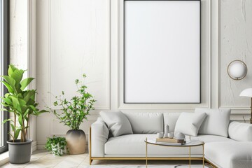 Scandinavian style living room with poster mockup created with generative ai