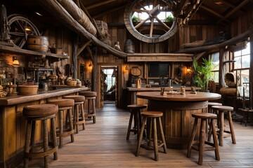 Fototapeta na wymiar Rustic Wild West Saloon Living Room Inspirations: bar stools, rough-hewn logs, wagon wheel decor Galore