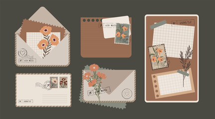 Vintage Aesthetic Scrapbook Envelopes and Notes. Old Letters and Paper Sticky Note with Flowers
