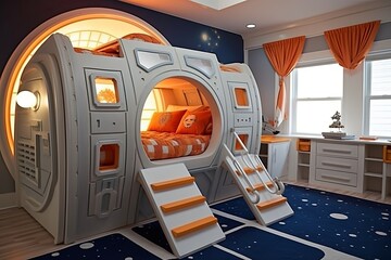 Spaceship Bed Frame, Starry Galaxy Curtains, Astronaut Wall Decals: Inspirational Space Exploration Kids' Bedroom Decors