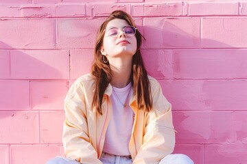 Young Woman Enjoying Sunshine Against Pink Wall in Casual Attire