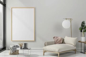 Scandinavian style living room with poster mockup created with generative ai