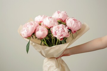 Elegant Hand Holding a Bouquet of Pink Peonies